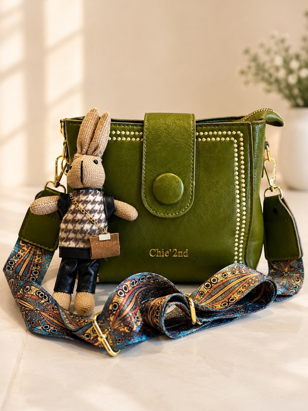 Chie 2nd Olive Green Crossbody Bag Bunny Charm Boho Paisley Strap